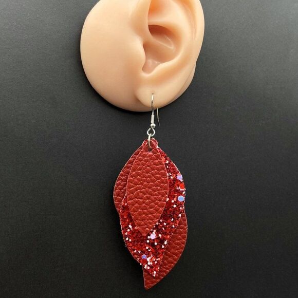 Red Faux Leather with Sequin Layered Leaf 316L Stainless Steel Hook Earrings - Picture 9 of 10